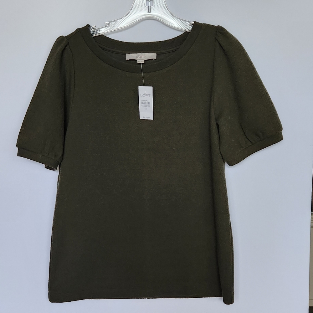 LOFT Textured Puff Sleeve Top | Green | Women's XS | Style # 517228 NWT